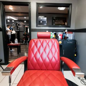 One of the red chairs in the restaurant.